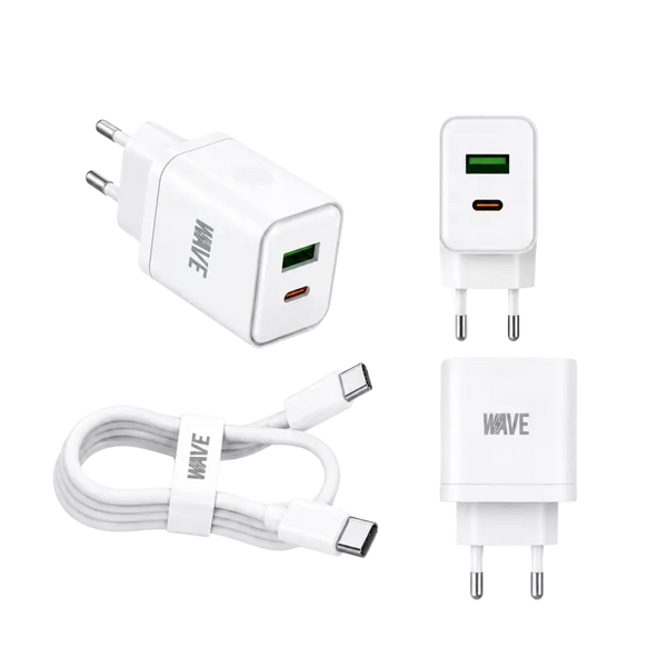 Wave WA-166-20 Travel Fast Charger USB-A & USB-C 20W + naar Kabel 1M – Wit - Bundel Oplader