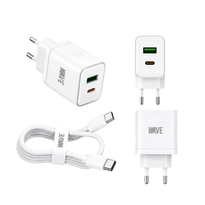 Wave WA-166-20 Travel Fast Charger USB-A & USB-C 20W + USB-C naar USB-C Kabel 1M – Wit