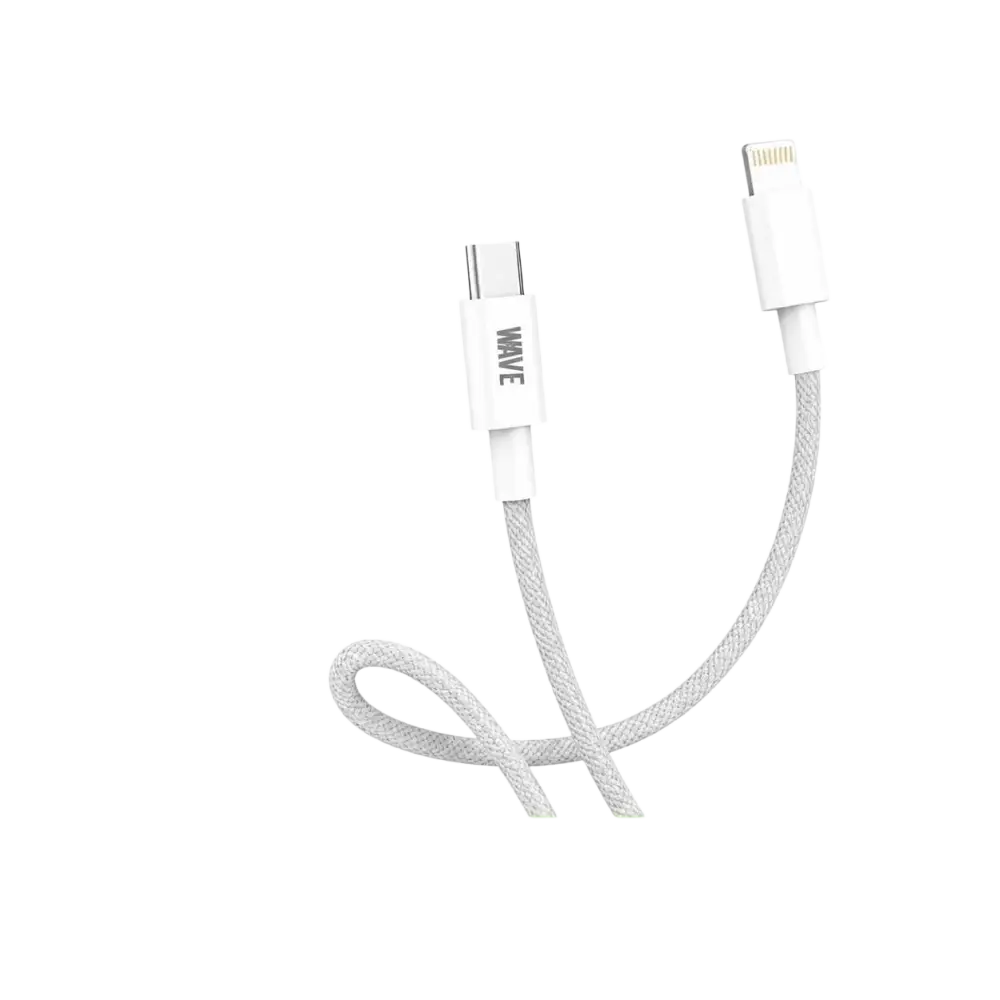 Wave WA-233 USB-C naar Lightning kabel 60W 2 meter in wit met gevlochten ontwerp.