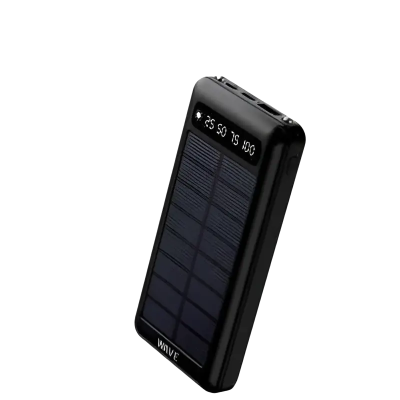 Wave WA-89 solar powerbank met USB-C, 10000mAh, LED-display in zwart kleur.