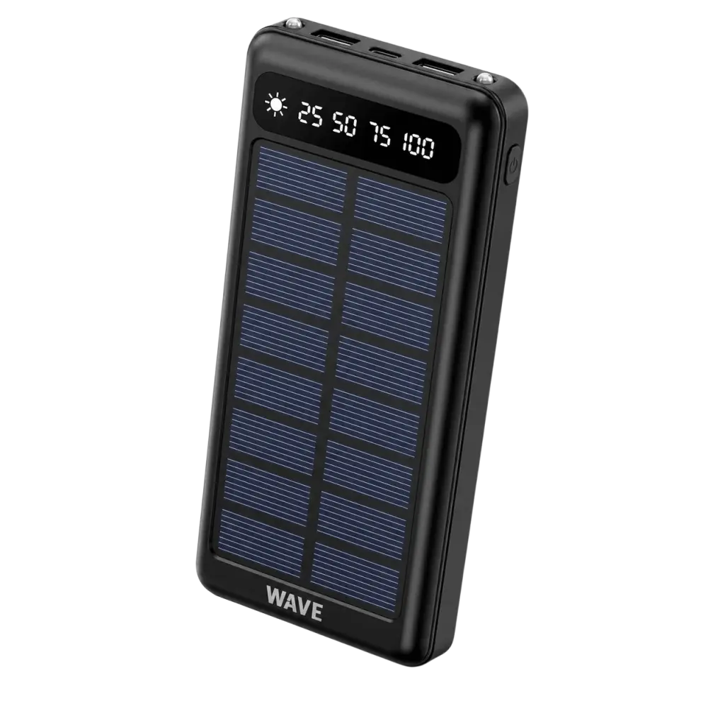 Wave WA-89 Solar Powerbank 10000mAh – USB-C LED Display Zwart