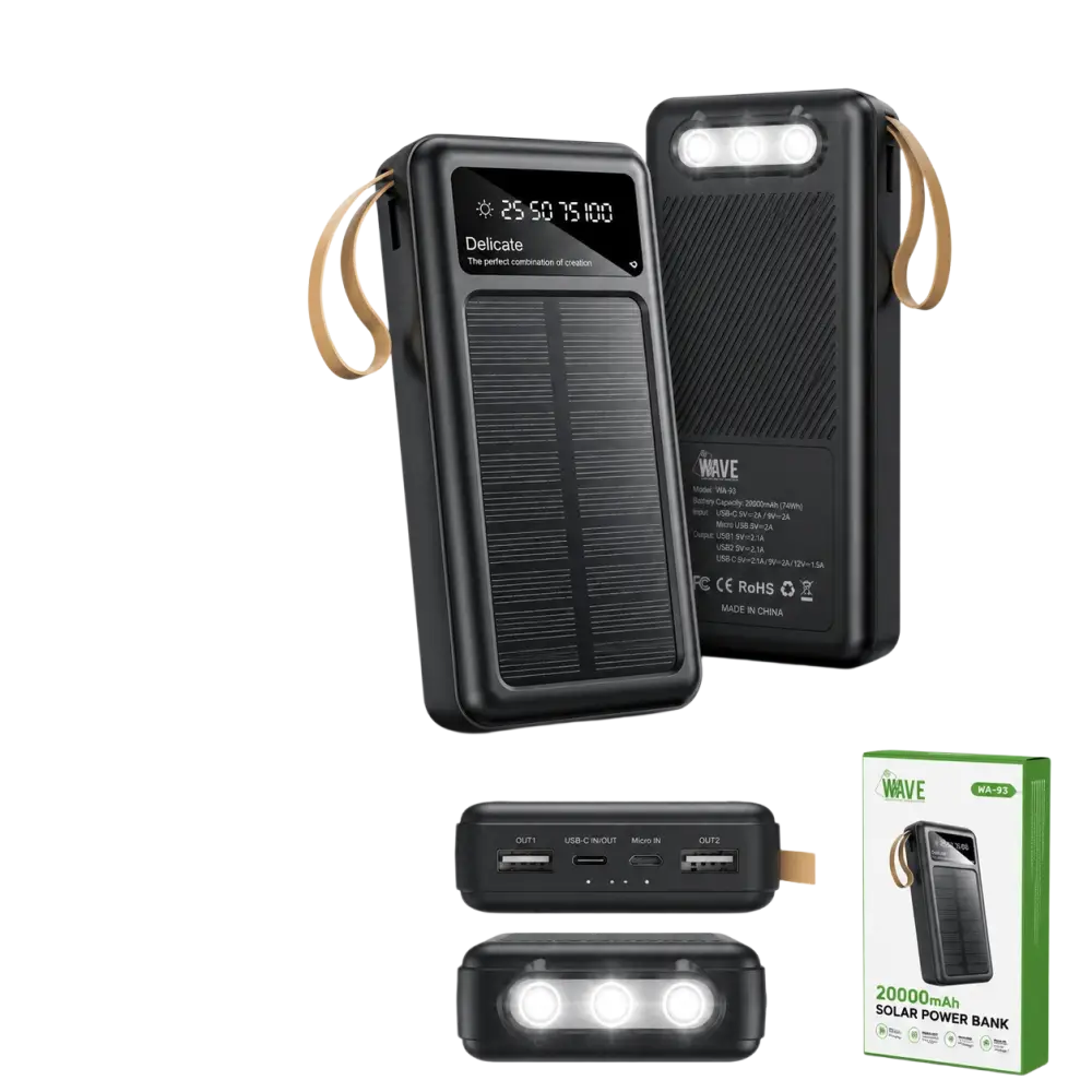 Wave WA-93 Solar Powerbank 20000mAh met USB-C, zwart, met LED-zaklamp en zonnepaneel.