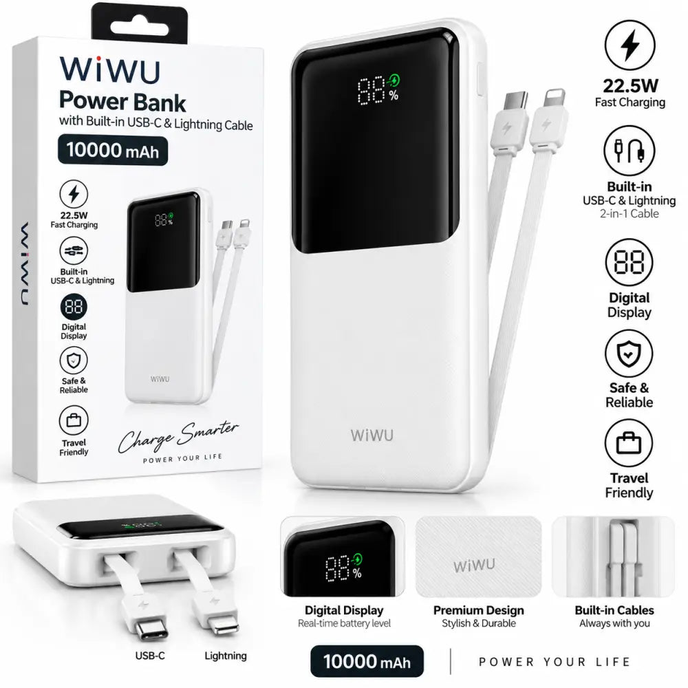 WiWU powerbank 10.000 mAh met 2-in-1 kabel en digitaal display in wit, ideaal voor onderweg.