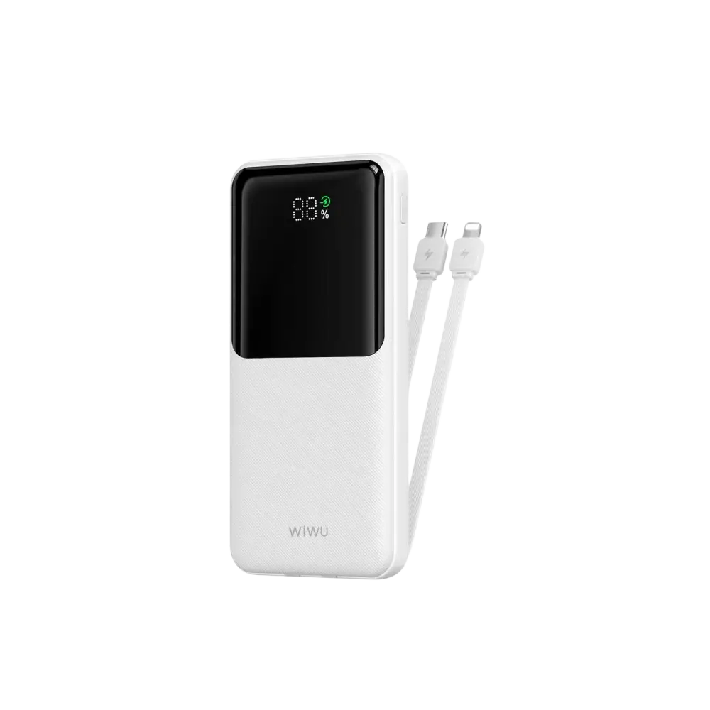 WiWU powerbank 10.000 mAh met 2-in-1 kabel en digitaal display in wit