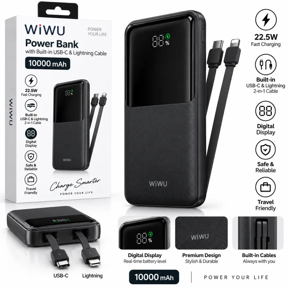 WiWU powerbank 10000 mAh met ingebouwde kabel, USB-C en Lightning, digitaal display en 22.5W snelladen