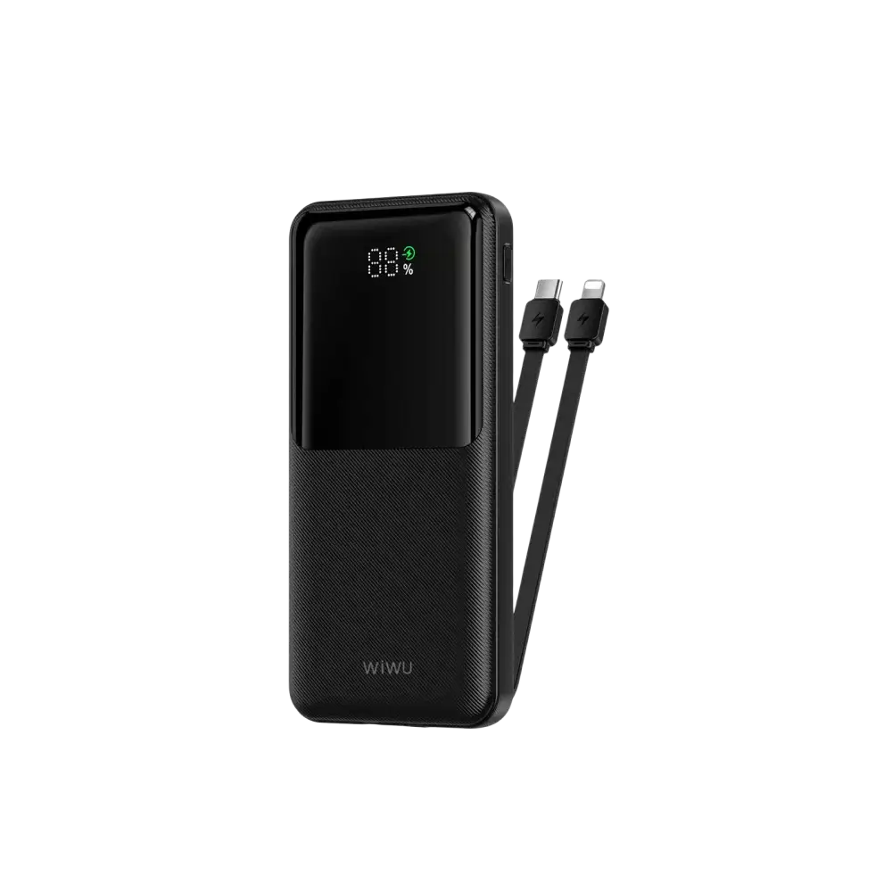 WiWU Powerbank 10.000 mAh met 2-in-1 Kabel en Digitaal Display – Zwart