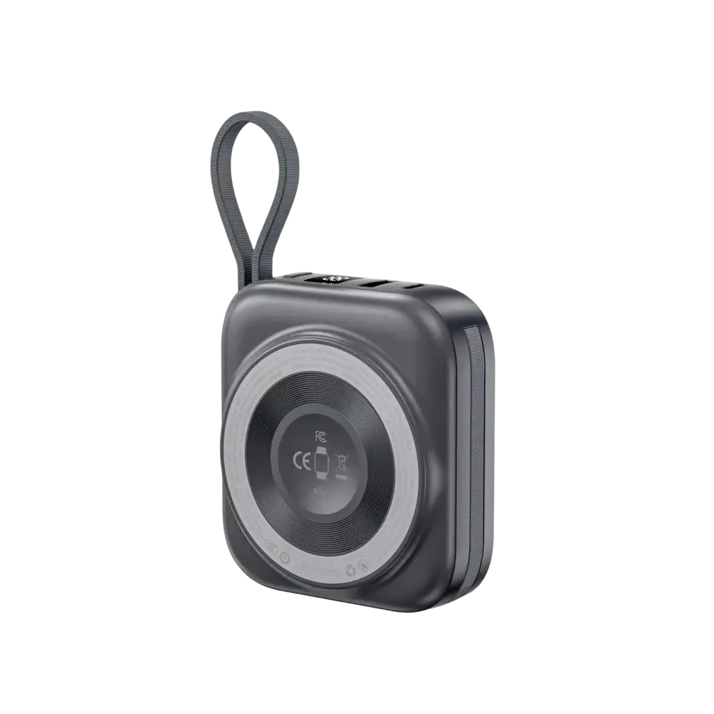 WiWU draadloze powerbank 10000 mAh met 2-in-1 kabel en een compact ontwerp in grijs.