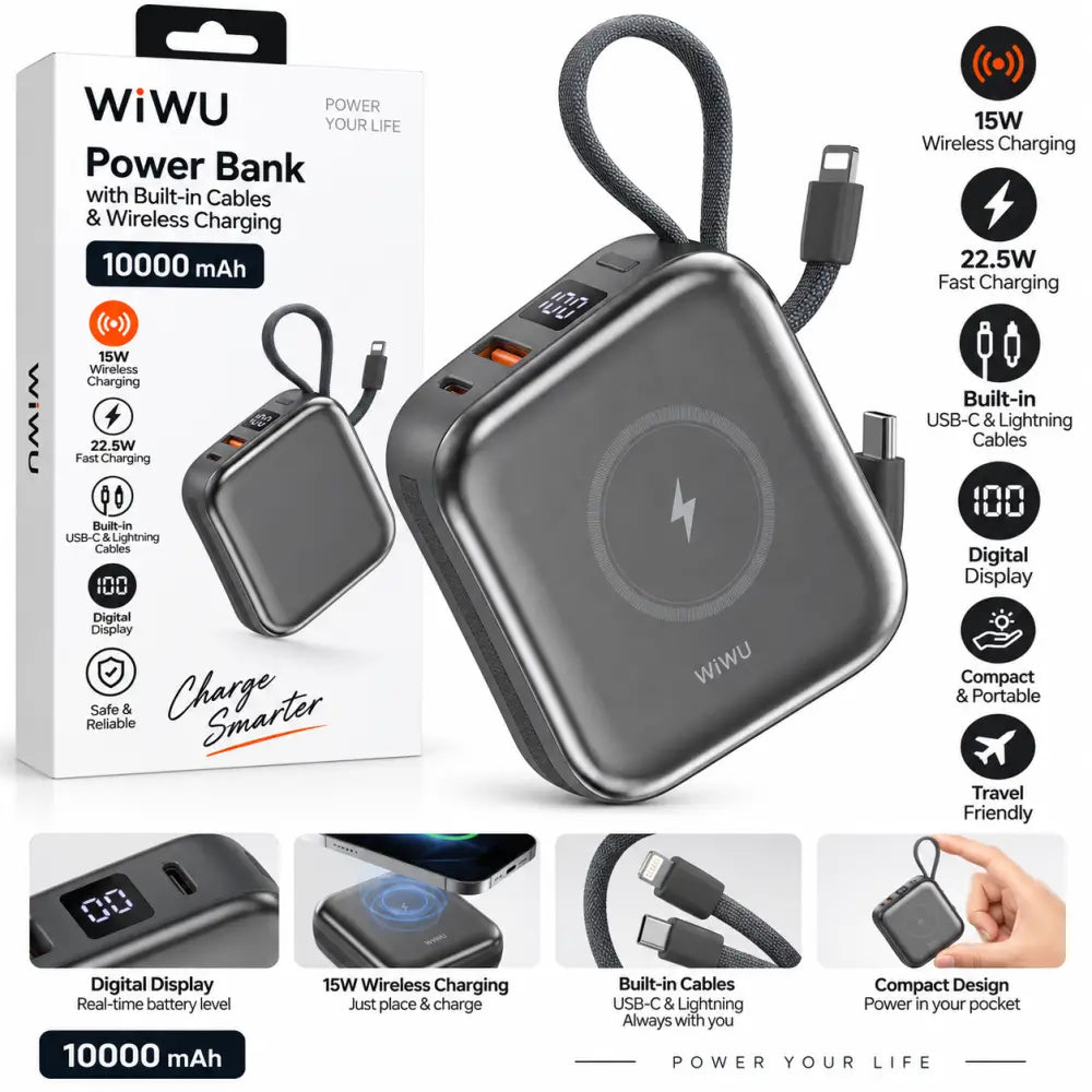 WiWU draadloze powerbank 10000 mAh met ingebouwde kabels en draadloos opladen in grijze kleur.