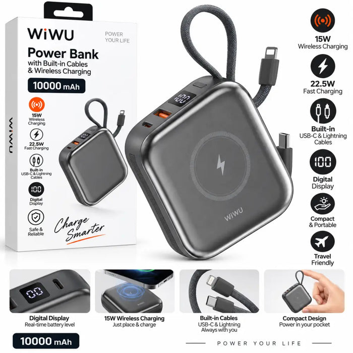 WiWU Powerbank 10.000 mAh met 2-in-1 Kabel en Draadloos Laden – Grijs