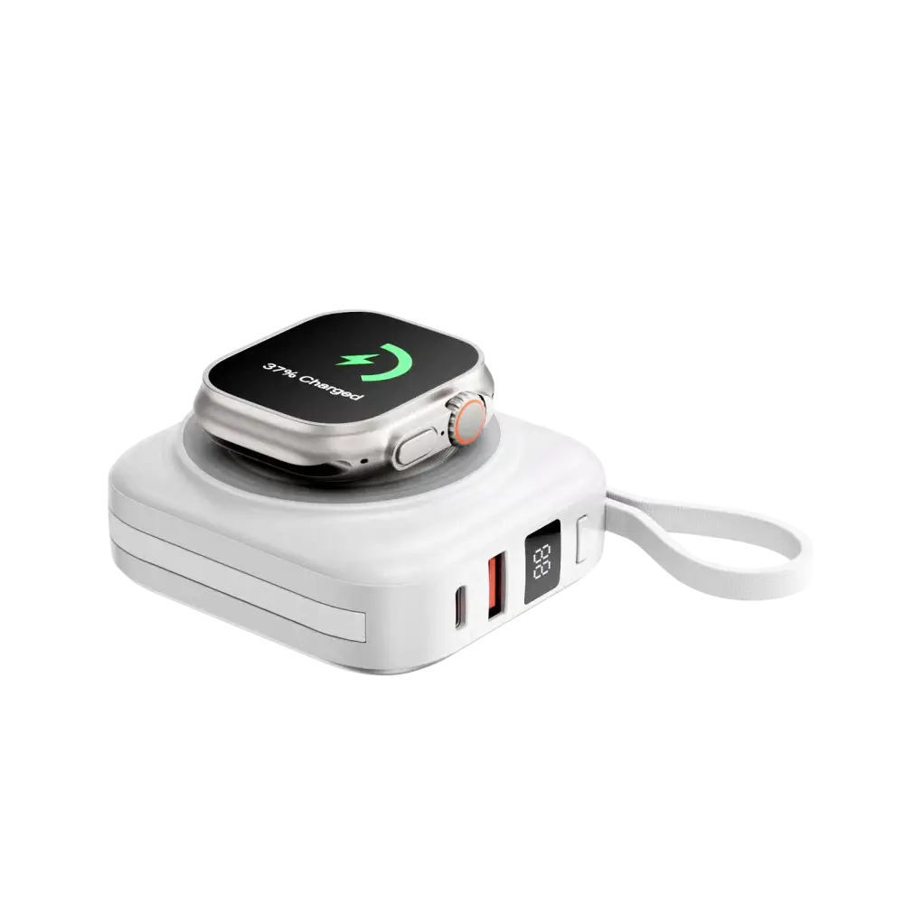 WiWU draadloze powerbank 10000 mAh met een smartwatch erop en ingebouwde kabels in het wit.