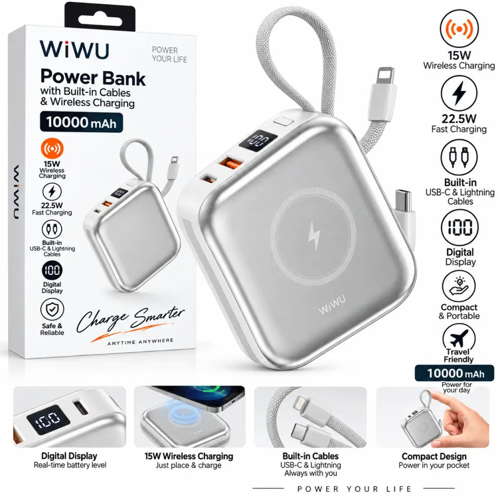 WiWU draadloze powerbank 10000 mAh met ingebouwde kabels en draadloos opladen in zilver.