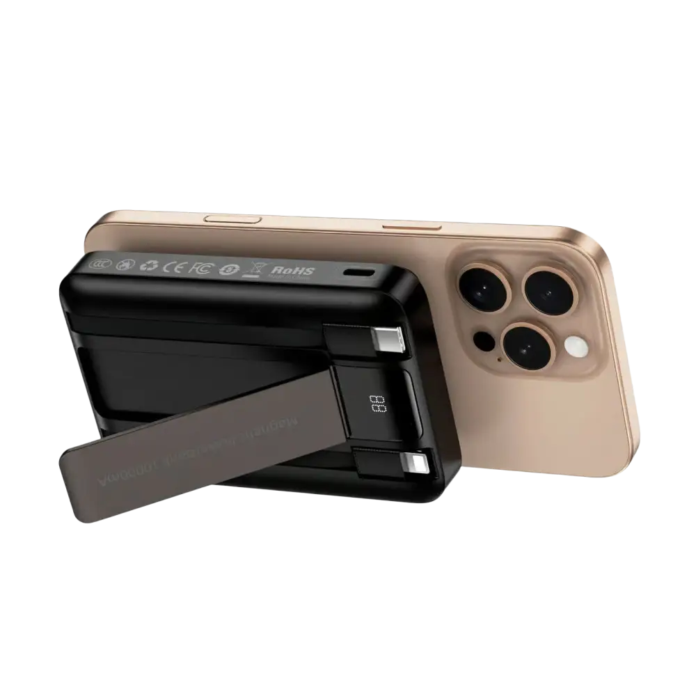 WiWU powerbank met kickstand 10000 mAh met uitklapbare kickstand achter een smartphone.