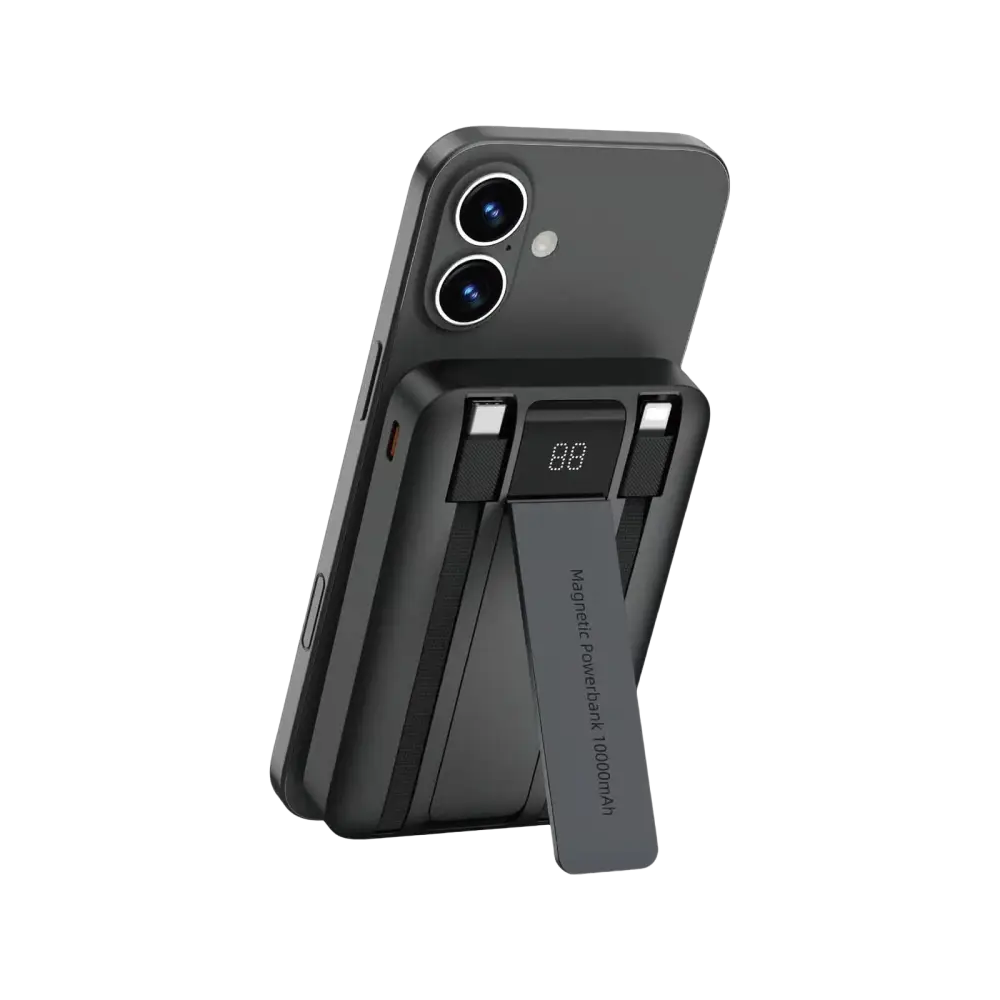 WiWU powerbank met kickstand 10000 mAh, met twee ingebouwde kabels en een uitklapbare kickstand voor eenvoudig opladen.