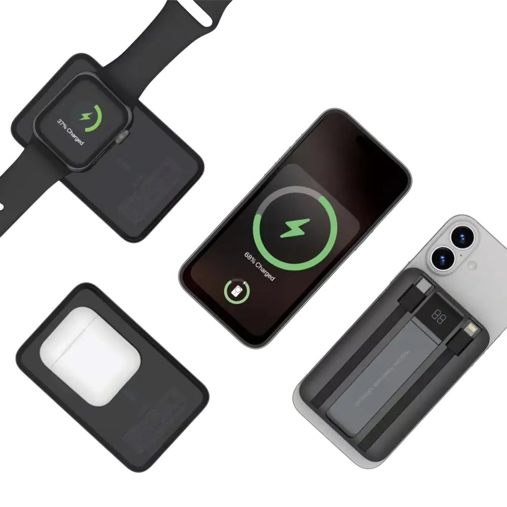 WiWU powerbank met kickstand 10000 mAh terwijl deze apparaten opladen.