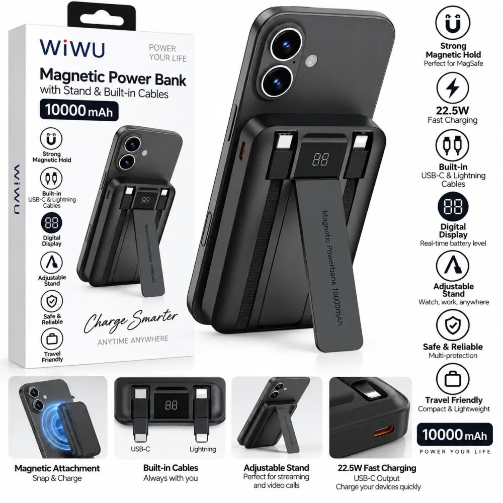 WiWU powerbank met kickstand 10000 mAh met ingebouwde kabels en uitklapbare voetsteun in zwart