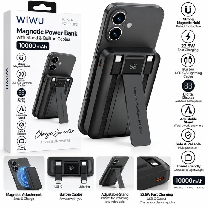 WiWU Powerbank 10.000 mAh met 2-in-1 Kabel en Kickstand – Zwart