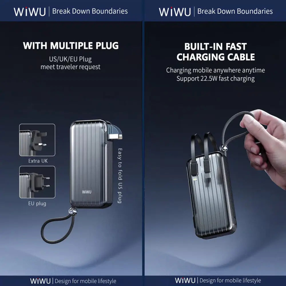 WiWU Powerbank 10.000 mAh 3-in-1 met Wereldstekker – Zwart