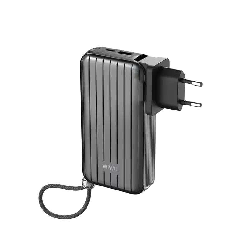 WiWU Powerbank 10.000 mAh 3-in-1 met Wereldstekker – Zwart