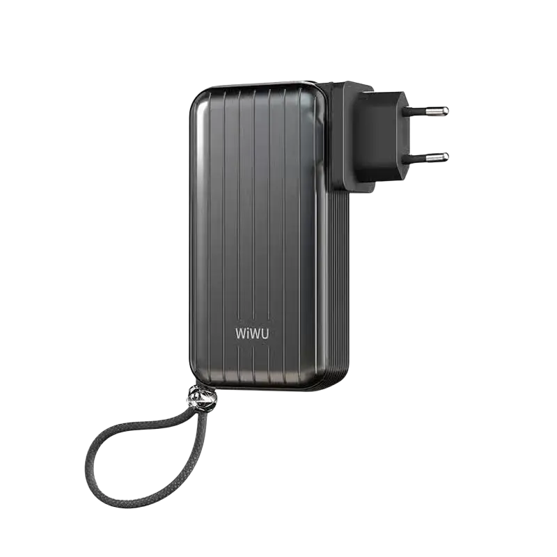 WiWU 3-in-1 powerbank met wereldstekker in zwart, ideaal voor reizen en onderweg.