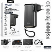 WiWU Powerbank 10.000 mAh 3-in-1 met Wereldstekker – Zwart