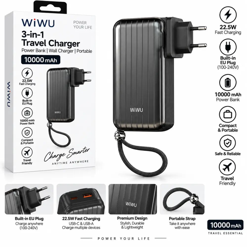 WiWU 3-in-1 powerbank met wereldstekker en ingebouwde kabels, 10.000 mAh capaciteit