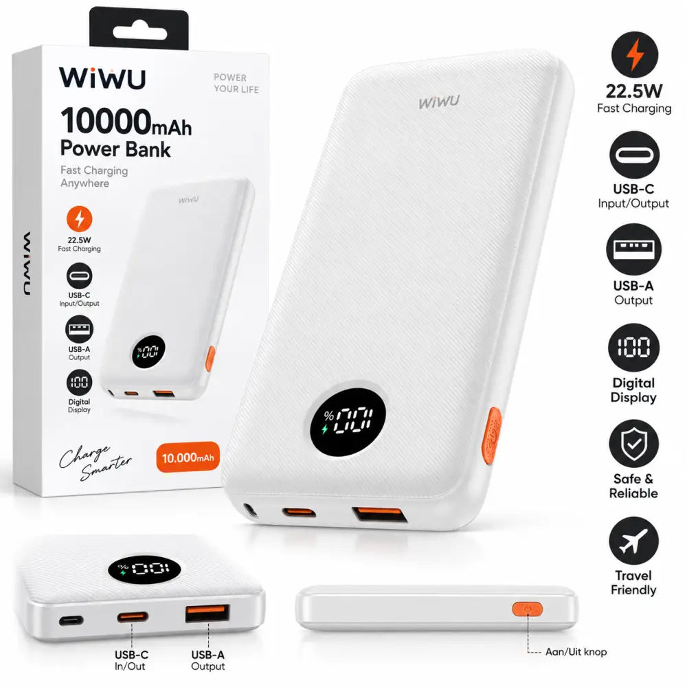 WiWU powerbank 10.000 mAh wit met digitaal display en USB-C en USB-A aansluitingen