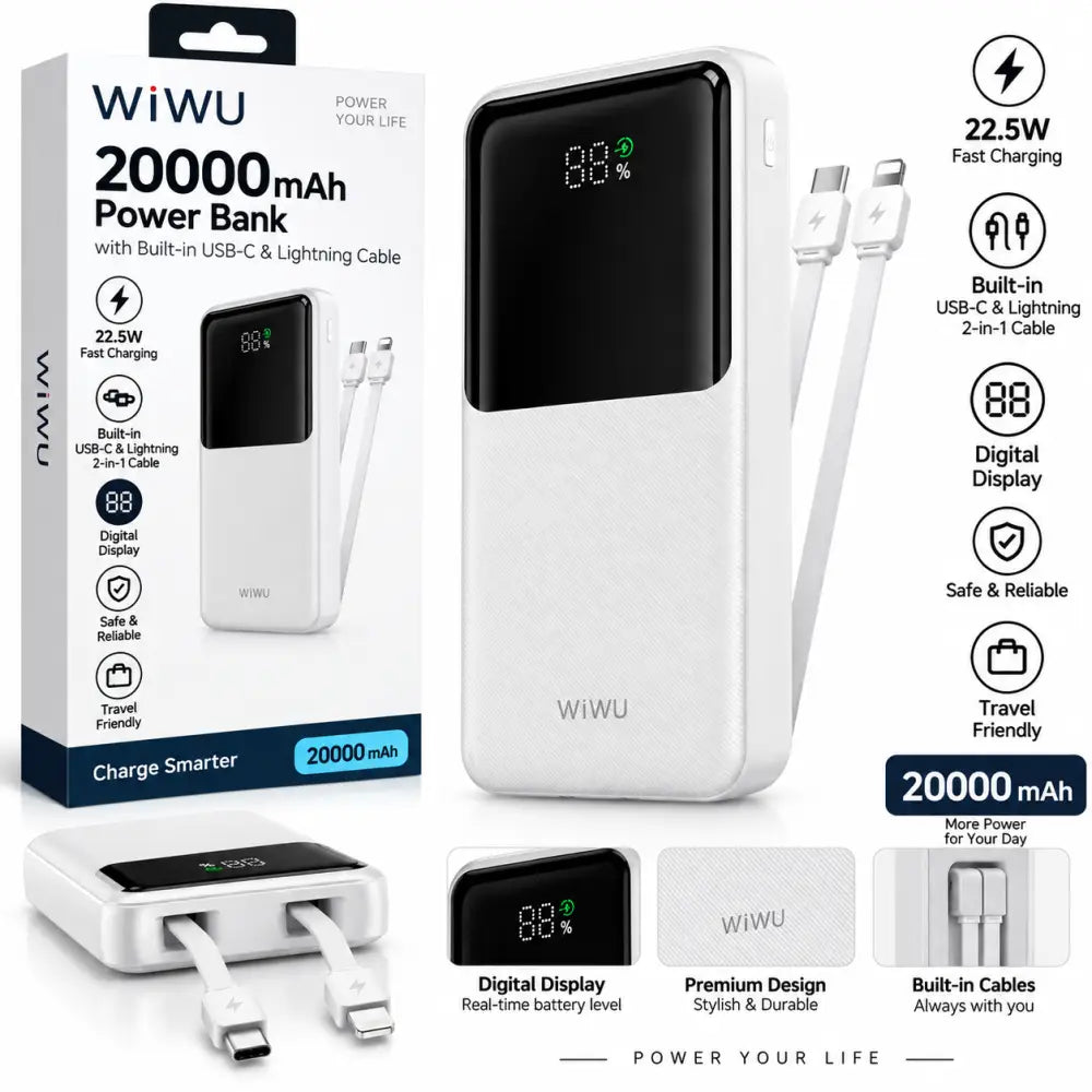 WiWU Powerbank 20000 mAh met ingebouwde kabels en digitaal display voor opladen op reis.