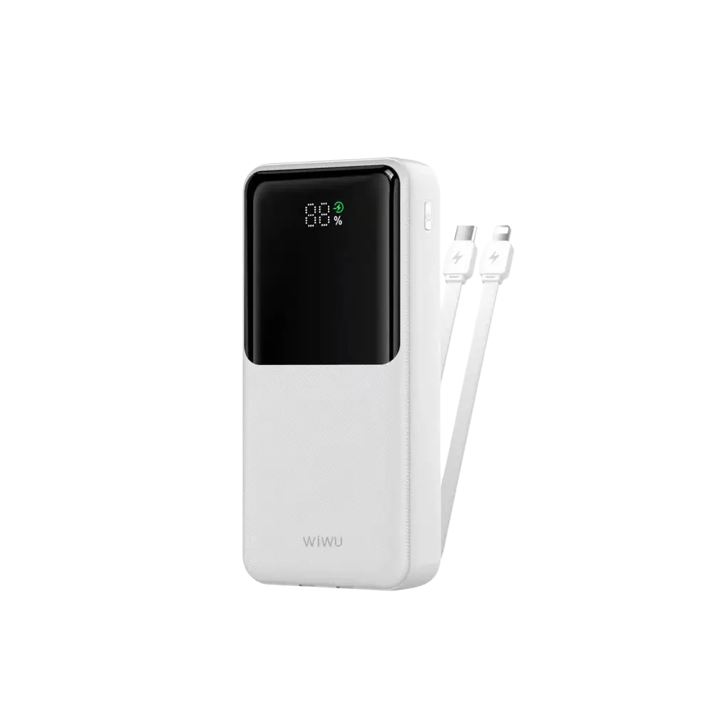 WiWU Powerbank 20.000 mAh met 2-in-1 Kabel en Digitaal Display – Wit