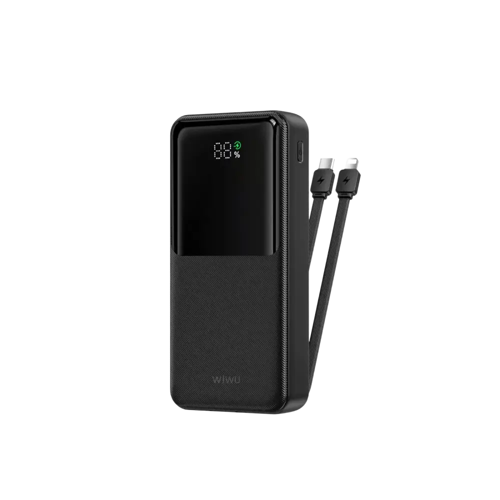 WiWU Powerbank 20.000 mAh met 2-in-1 Kabel en Digitaal Display – Zwart