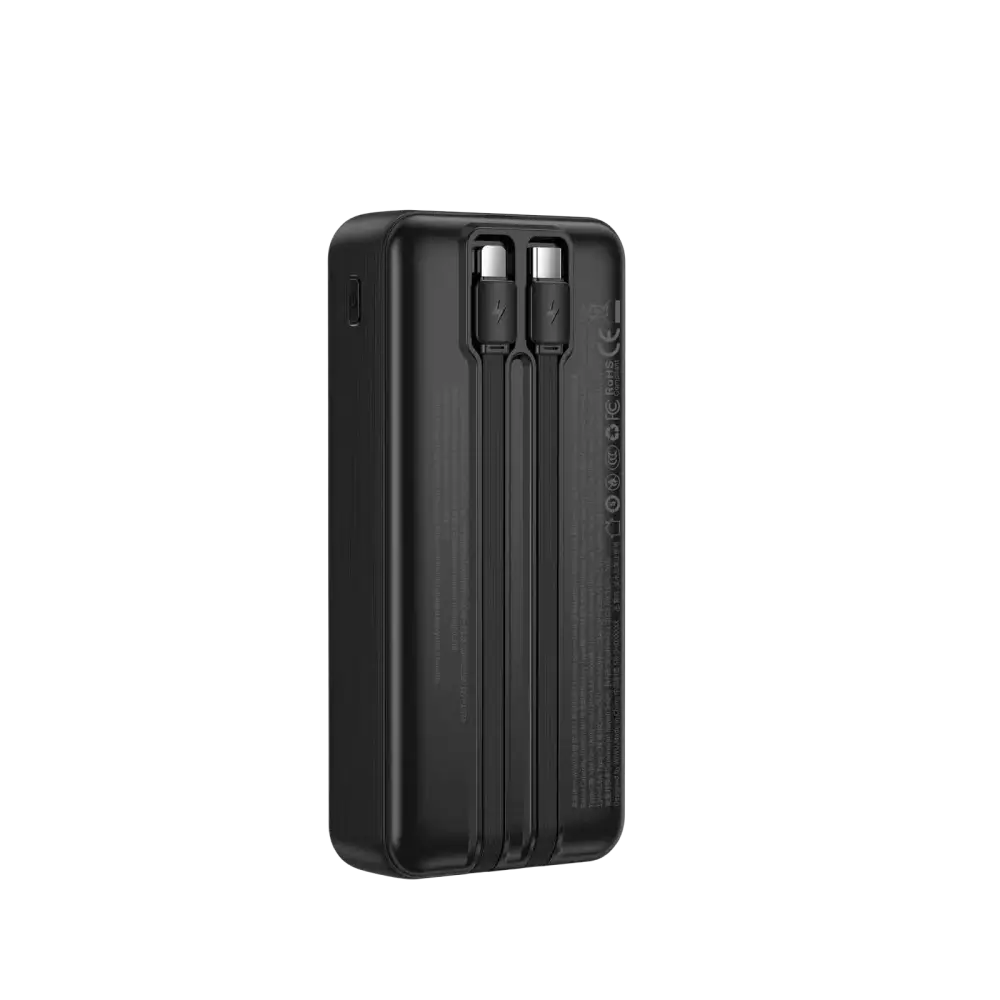 WiWU 20.000 mAh powerbank met 2-in-1 kabel in zwart met USB-C en Lightning kabels.