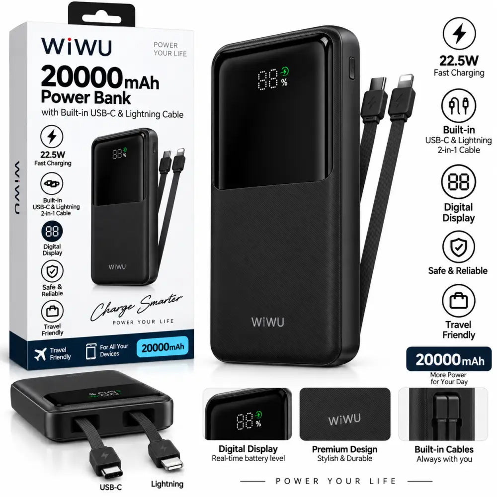 WiWU 20.000 mAh powerbank met 2-in-1 kabel en digitaal display, zwart met USB-C en Lightning.
