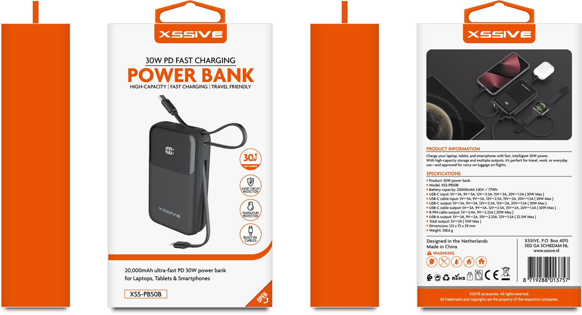 Xssive 30W Powerbank Fast Charge incl. Cable 20000mAh XSS-PB50B - Zwart