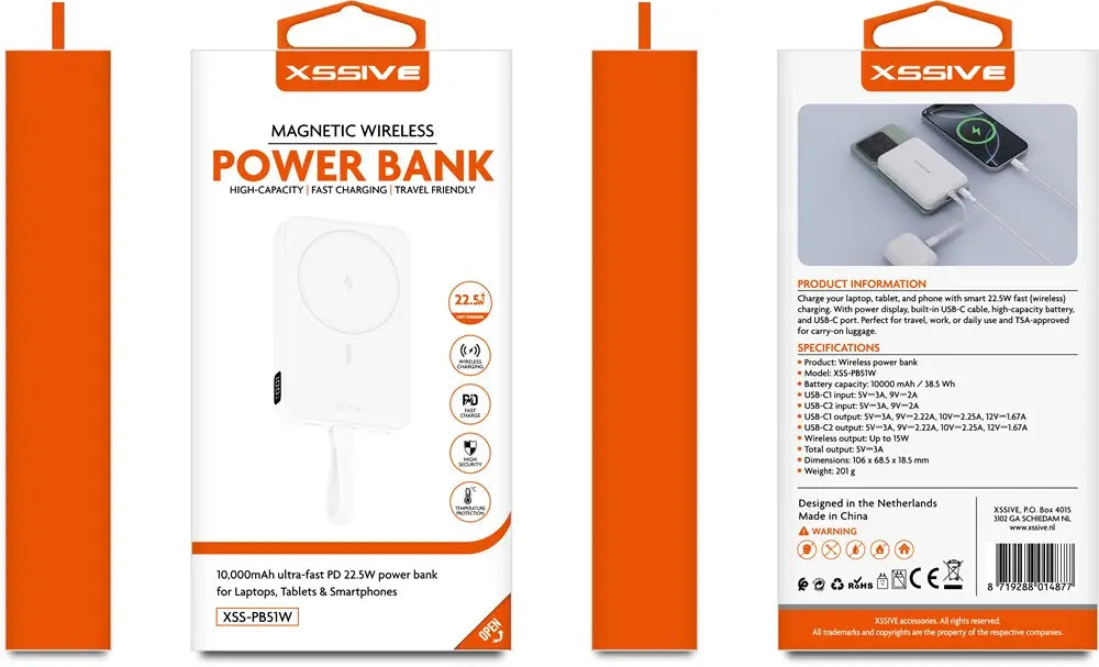 Xssive Magnetic Wireless Powerbank incl. Cable 10.000 mAh XS-PB51W - Wit