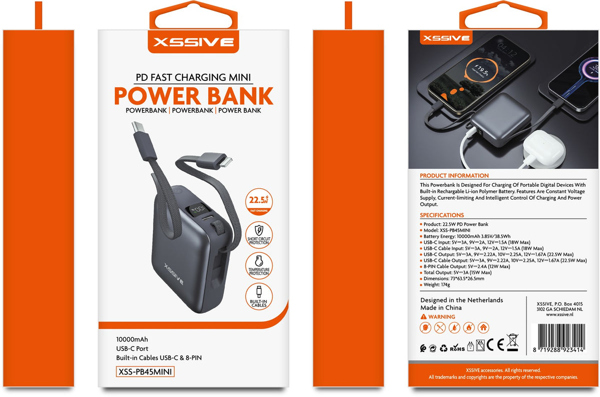 Xssive Mini Powerbank Fast Charge incl. Cable 10000mAh XSS-PB45 Mini - Zwart