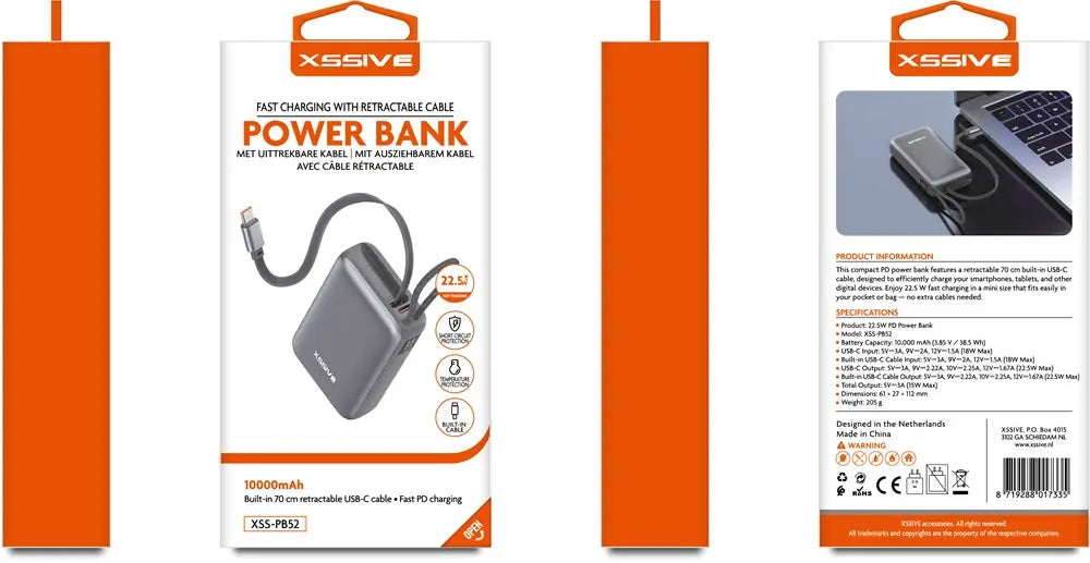 Xssive Powerbank Fast Charge met uitrekbare Kabel 10000mAh XSS-PB52