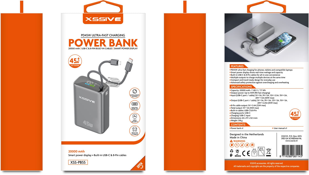 Xssive Powerbank Ultra Fast Charge PD45W met Kabel 20000mAh XSS-PB55